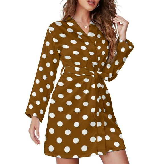 White And Brown Polka Dots Night Robe Long Sleeve V Neck Robe With Belt Women's Sleepwear Dresses