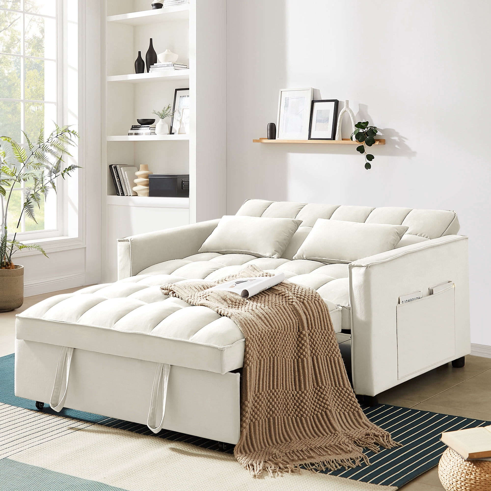 Lunale 4-in-1 Convertible Futon Sofa Bed, Pull Out Couch Beds Loveseat Sleeper, Beige Velvet
