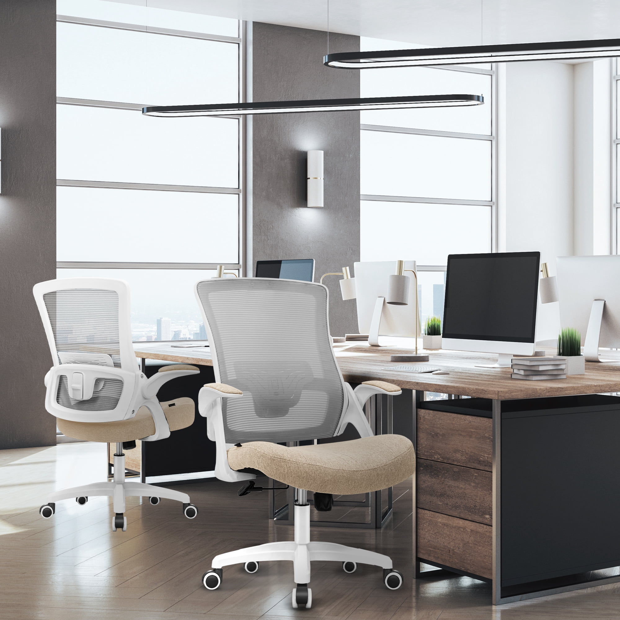 CELTOSS Ergonomic Office Chair, Wide Seat with Flip-Up Armrests, Lumbar Support, Adjustable Height, Comfy Home Task Computer Chair, Beige