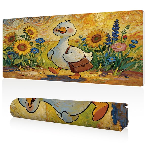 LIVEKEY XL Mouse Pad 80x40x0.3cm Full Desk Coverage Non Slip Durable Easy Clean Stitched Edges Gaming Office with Cute Duck in Artistic Sunflower Field Design