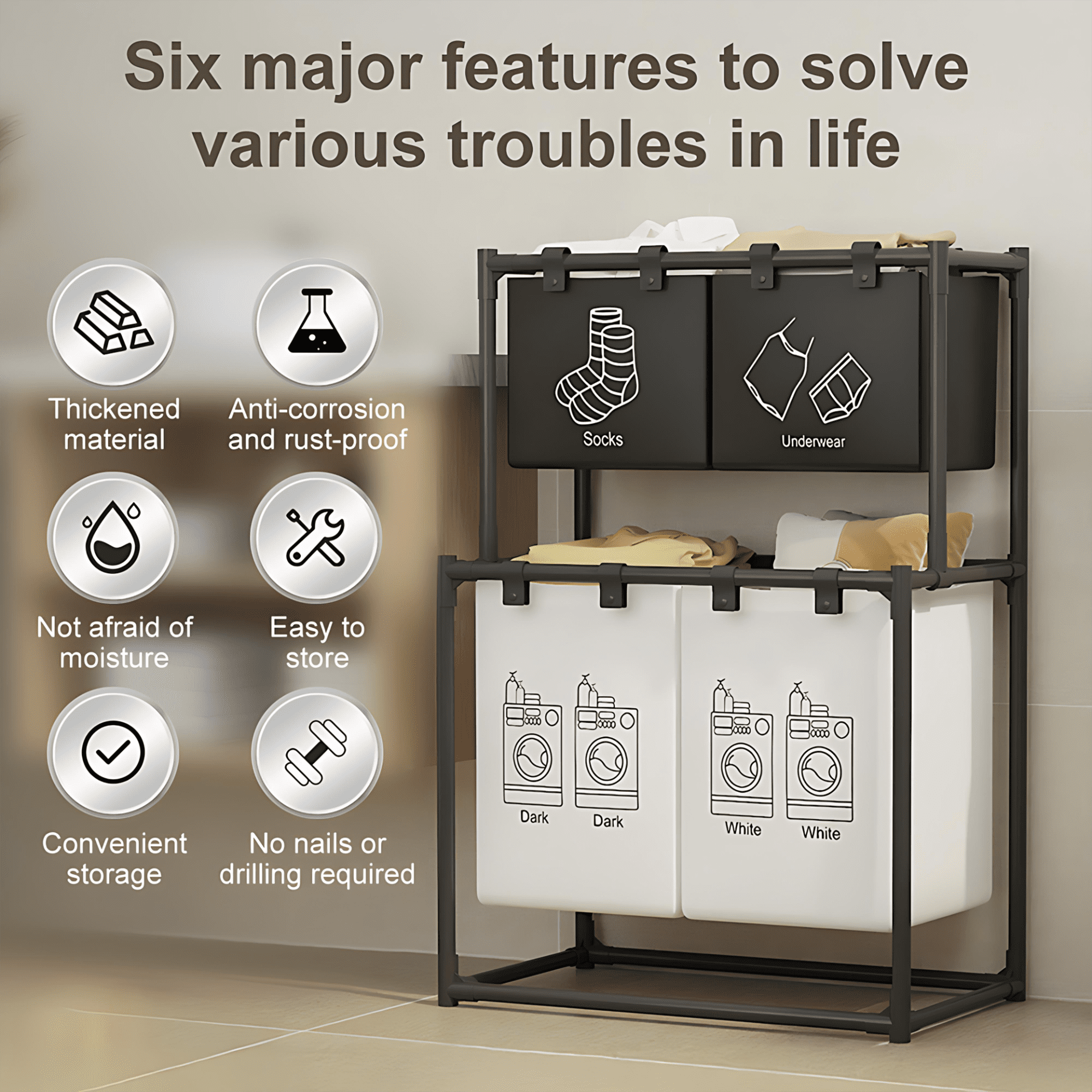 INSMART 2-Tier Laundry Hamper with Removable Bag - Foldable Clothes Sorter for Bedroom, Bathroom & Laundry Room - Sturdy Steel Frame, No Assembly Needed, Waterproof, Storage Organizer