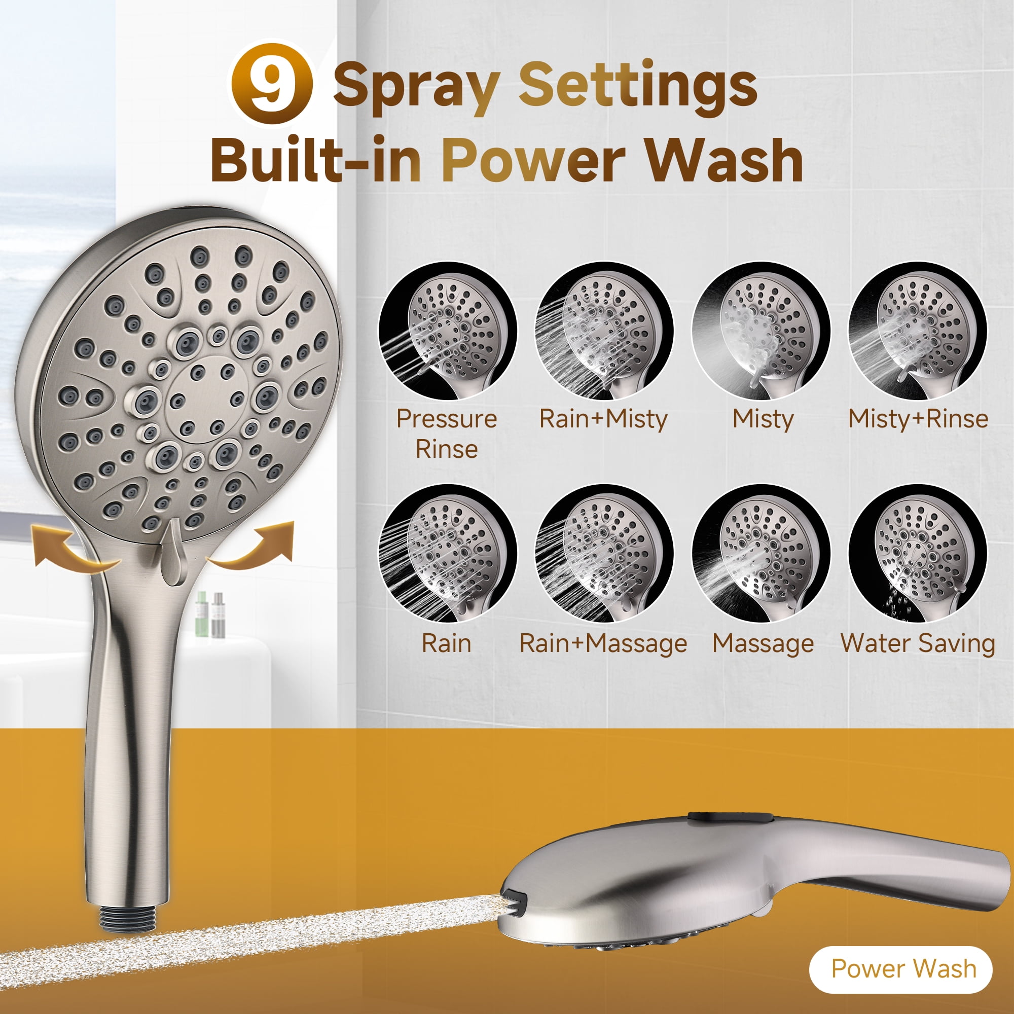 BRIGHT SHOWERS Rain System Including 9 Inch Rainfall shower head and Handheld with Height Adjustable Holder, Solid Brass Rail and 60 Inch Long Stainless Steel Shower Hose