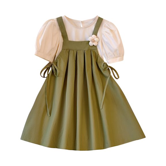 CPNG Girls Overall Dress Two Piece Suspender Dress Set Short Sleeved Top and Slip Dress Set with Flower Decoration(Green,9-10 Years)