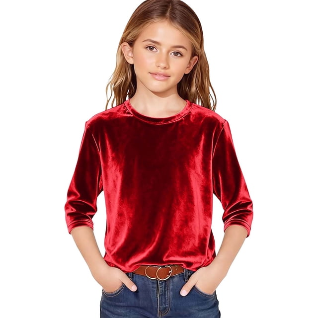 AWZXDE T-Shirt en Velours pour Filles à Manches 3/4, Doux, Col Rond, Hauts Décontractés pour Filles, T-Shirt de Base Confortable 3-14 Ans