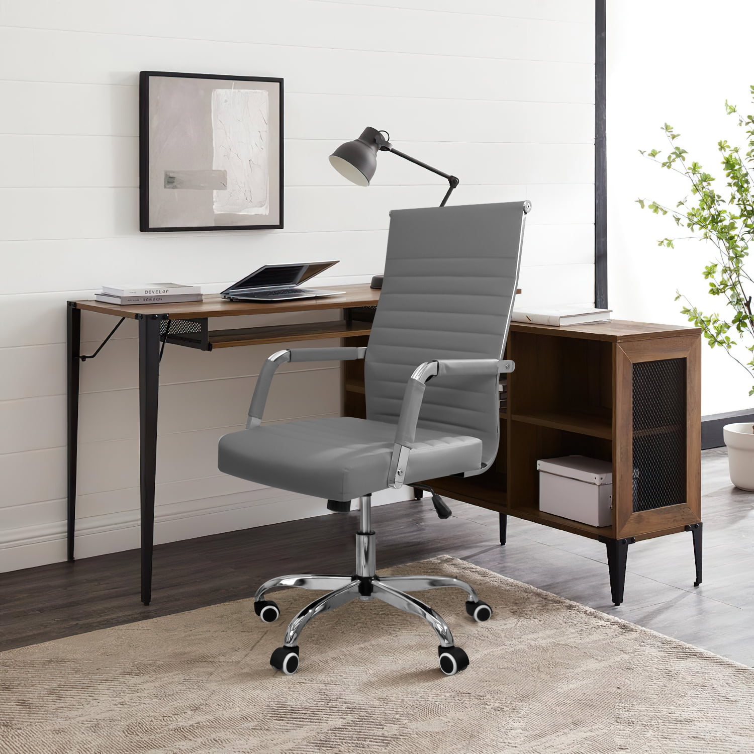 Furmax Ribbed Office Desk Mid-Back PU Leather Executive Conference Task Adjustable Swivel Chair with Arms, Gray