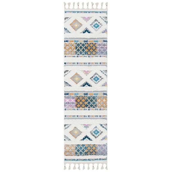 SAFAVIEH Moroccan Fringe David Southwestern Shag Runner Rug, Ivory/Navy, 2'2" x 8'