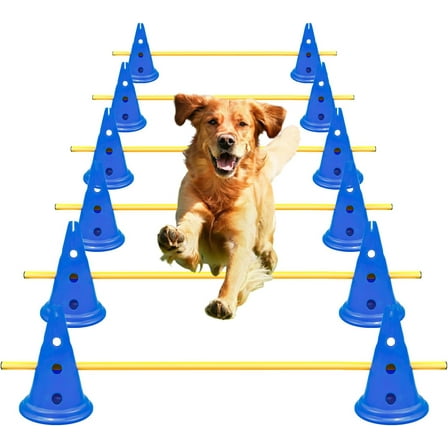 Dog Agility Hurdle Cone Set Dog Agility Course Backyard Set Include 12 Agility Cones 6 Agility Rods Agility Training Equipment Height Adjustable Obstacle with Storage Bag Blue