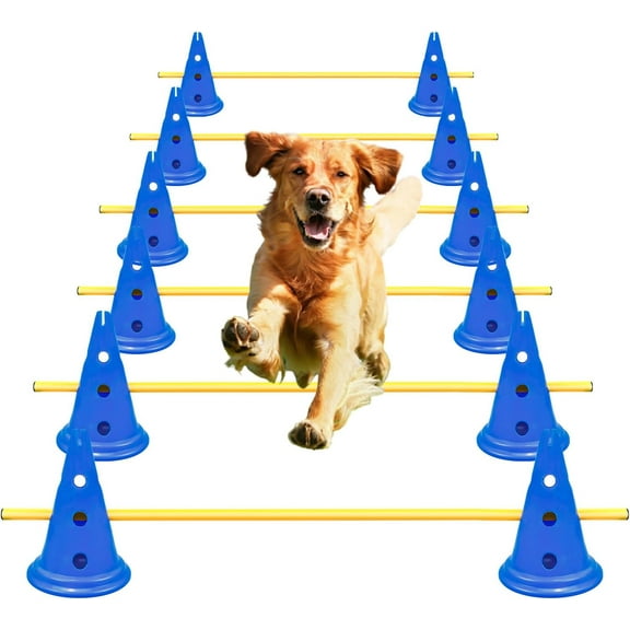 Dog Agility Hurdle Cone Set Dog Agility Course Backyard Set Include 12 Agility Cones 6 Agility Rods Agility Training Equipment Height Adjustable Obstacle with Storage Bag Blue