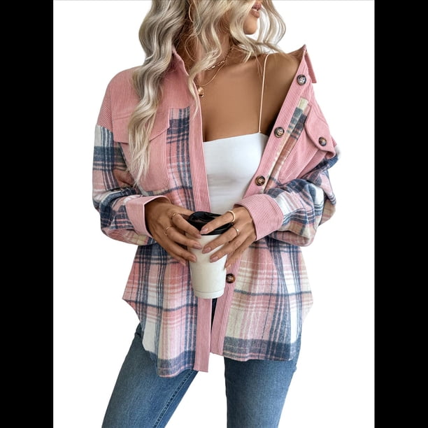Camisas de con Bloques de Color para Mujer, Blusas de Larga con Botones y Estilo Boyfriend Rosa XXL