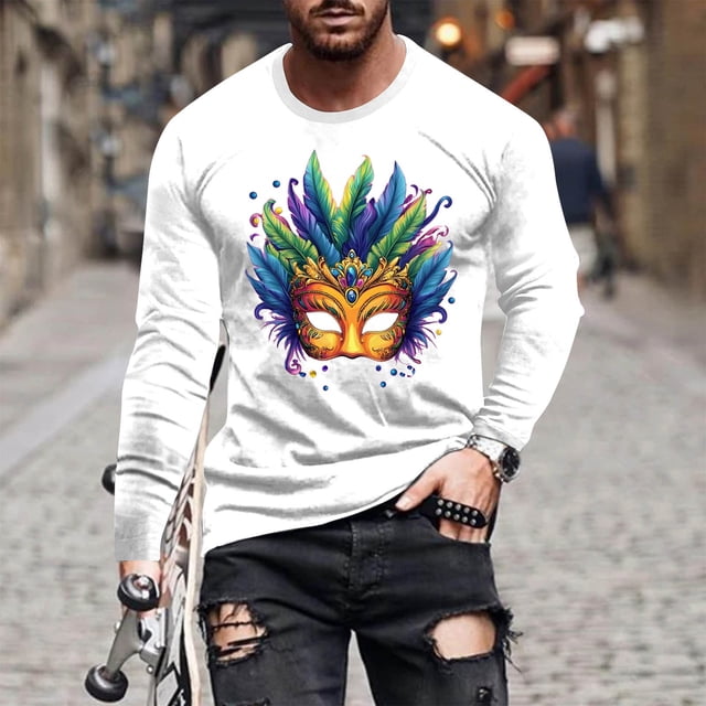 TIMIFIS Chemises à Manches Longues pour Hommes Mardi Gras Mode Décontractée Carnaval Imprimé Col Rond T-Shirt Léger Pull Tops de Fête