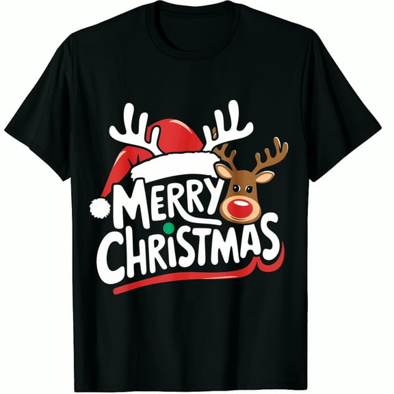 Christmas Reindeer Santa Hat Print Merry Holiday Party Wear Black Graphic T-Shirt for Men and Women