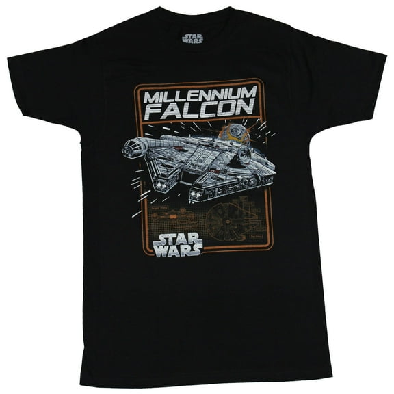 Star Wars Mens T-shirt - Millennium Falcon Boxed Over Blue Prints Image (Small)