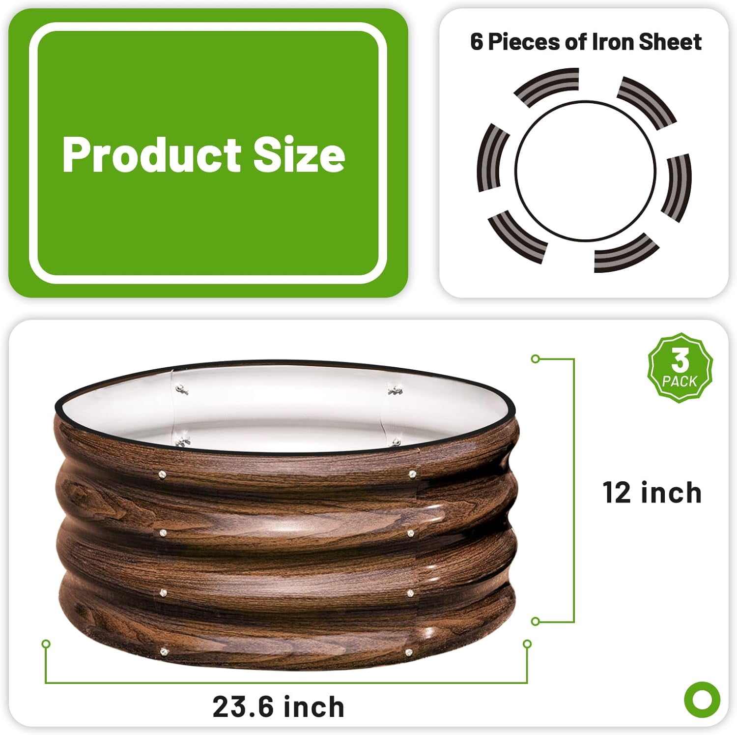 3 Pcs 2x2x1ft Round Galvanized Raised Garden Bed Kit Outdoor, Metal Planter Box for Planting Plants Vegetables, Brown