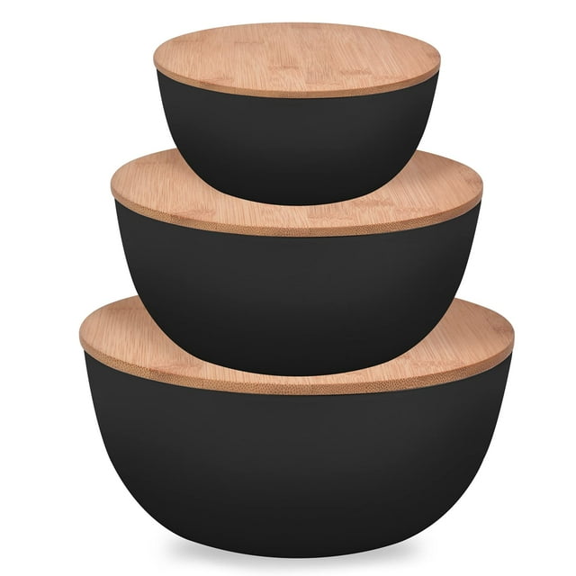 Panghuhu88 Ensaladera con tapa, juego de 3 (7 "+ 8.8" + 11 "") tazón para servir con cubierta de bambú, tazón para mezclar de fibra de bambú para ensalada, cereales, pasta, sopa, frutas, palomitas de