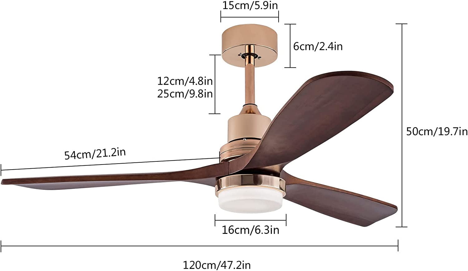 FETCOI 48" 3 Blades Wood Ceiling Fan, Dimmerable Downrod Outdoor Ceiling Fan with Lights and Remote Noiseless Reversible Motor Modern Ceiling Fan for Patios Bedroom Living Room (Walnut)