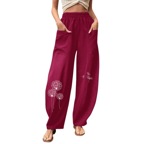 Gibobby pantalones colombianos de mujer Pantalones casuales de color sólido para mujer Pantalones con bolsillos en la cintura elástica Pantalones de pierna ancha (Vino, S)