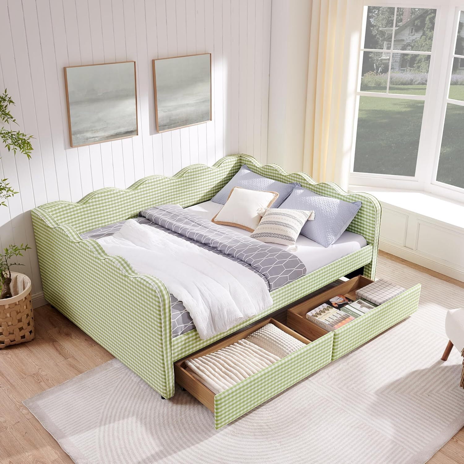 avobird Cozy Gingham Daybed with 2 Storage Drawers Queen Size Sofa Bed for Living Room, Sleeper Sofa with USB Port and Adorable Wave Shaped, Linen Fabric, Green