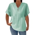 thumbnail image 2 of Endives Womens Linen T Shirt Casual Solid Color Button V Neck T Shirt Plus Size XL-5XL Green, 2 of 5