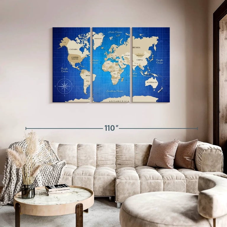 Elephant Stock Beige Longitude World Map Wall Art - Horizontal