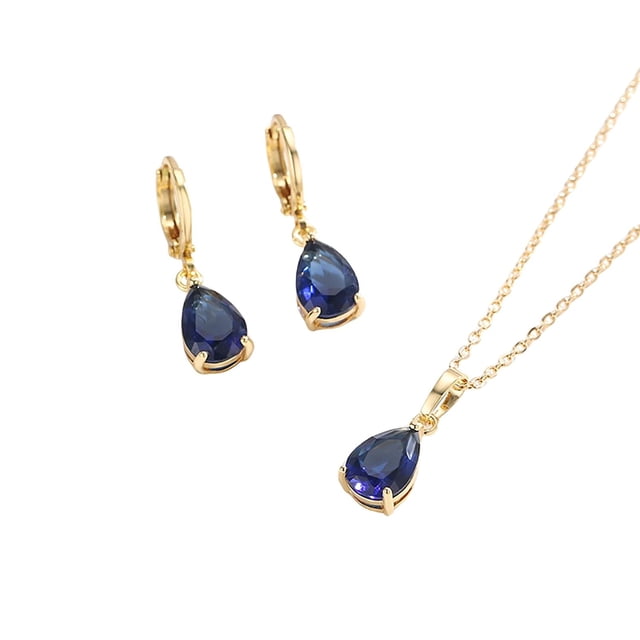 Hermoso Collar Y Aretes Gota C/ Zafiro Swarovski Oro 14k Lam dorado Unitalla