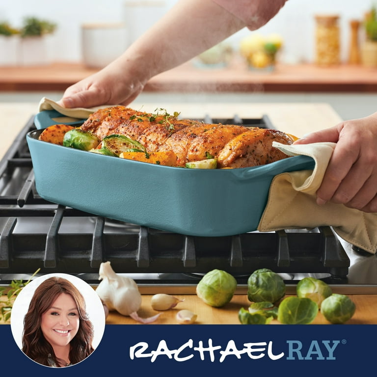 Rachael Ray NITRO Cast Iron 9 x 13 Roasting Pan Agave Blue