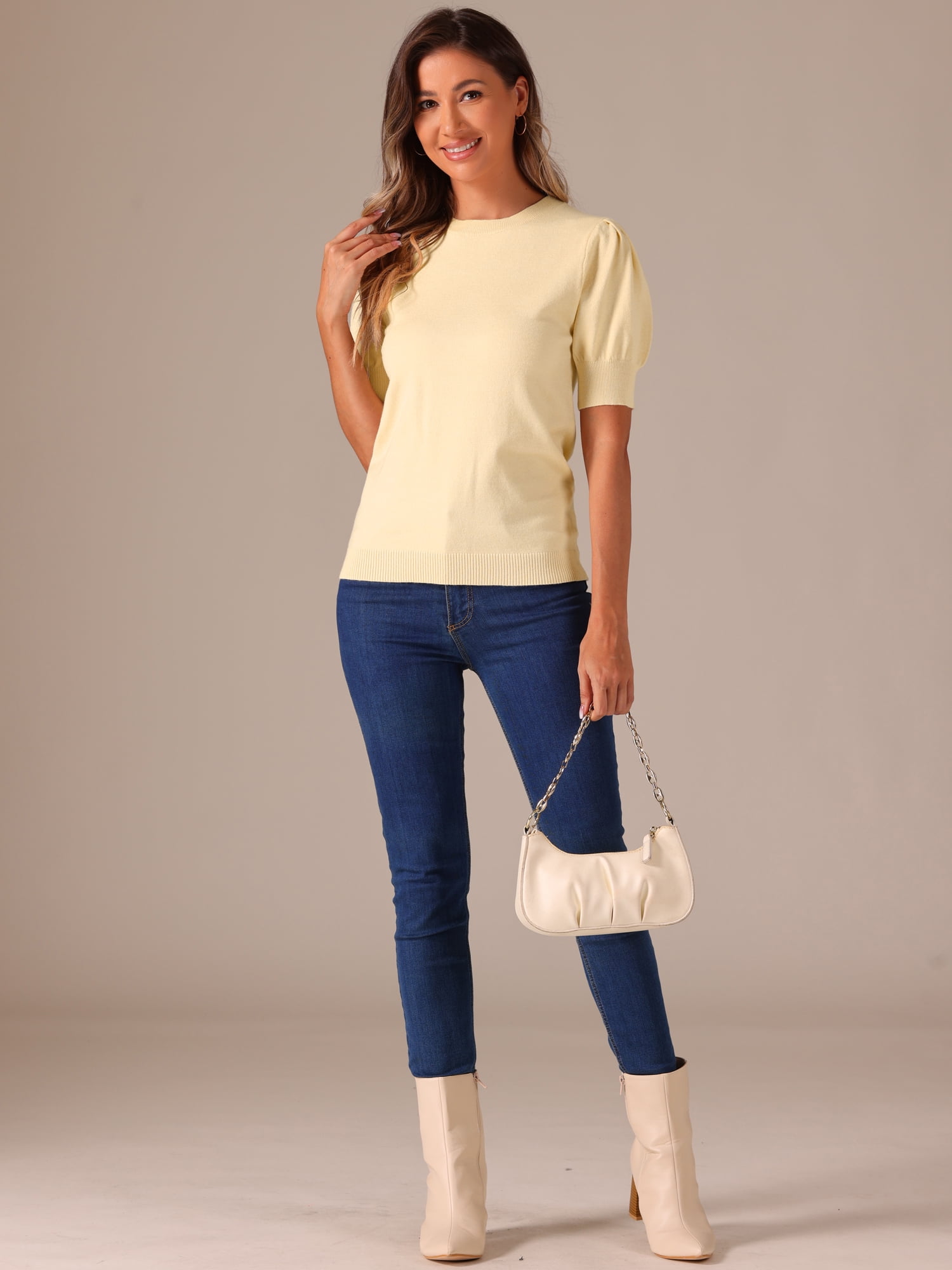 DARING DIVA Ribbed Knit Crew Neck Short Sleeve Tops M Light Beige