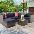 thumbnail image 1 of iRerts 6 Pieces Outdoor Sectional Sofa Patio Furniture Sets, Wicker Rattan Outdoor Patio Conversation Sets with 2 Pillows and Coffee Table, Patio Sofa Sets for Backyard, Brown Wicker+Navy Blue Cushion, 1 of 8