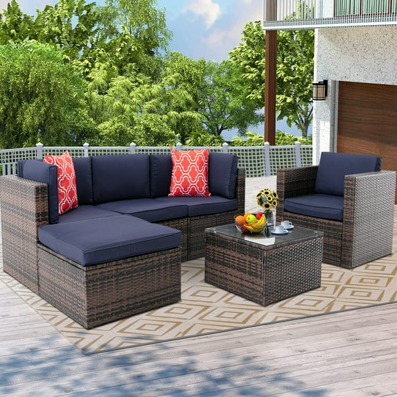 iRerts 6 Pieces Outdoor Sectional Sofa Patio Furniture Sets, Wicker Rattan Outdoor Patio Conversation Sets with 2 Pillows and Coffee Table, Patio Sofa Sets for Backyard, Brown Wicker+Navy Blue Cushion
