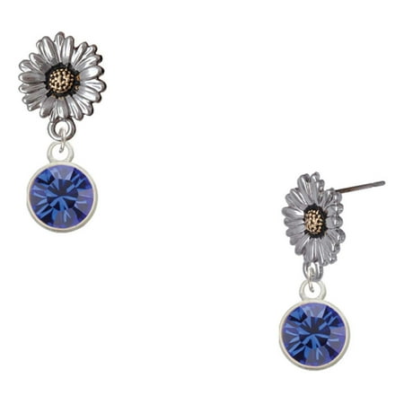 Delight Jewelry Silver-tone 10mm Blue Crystal Drop – Two-tone Daisy Flower Post Earrings