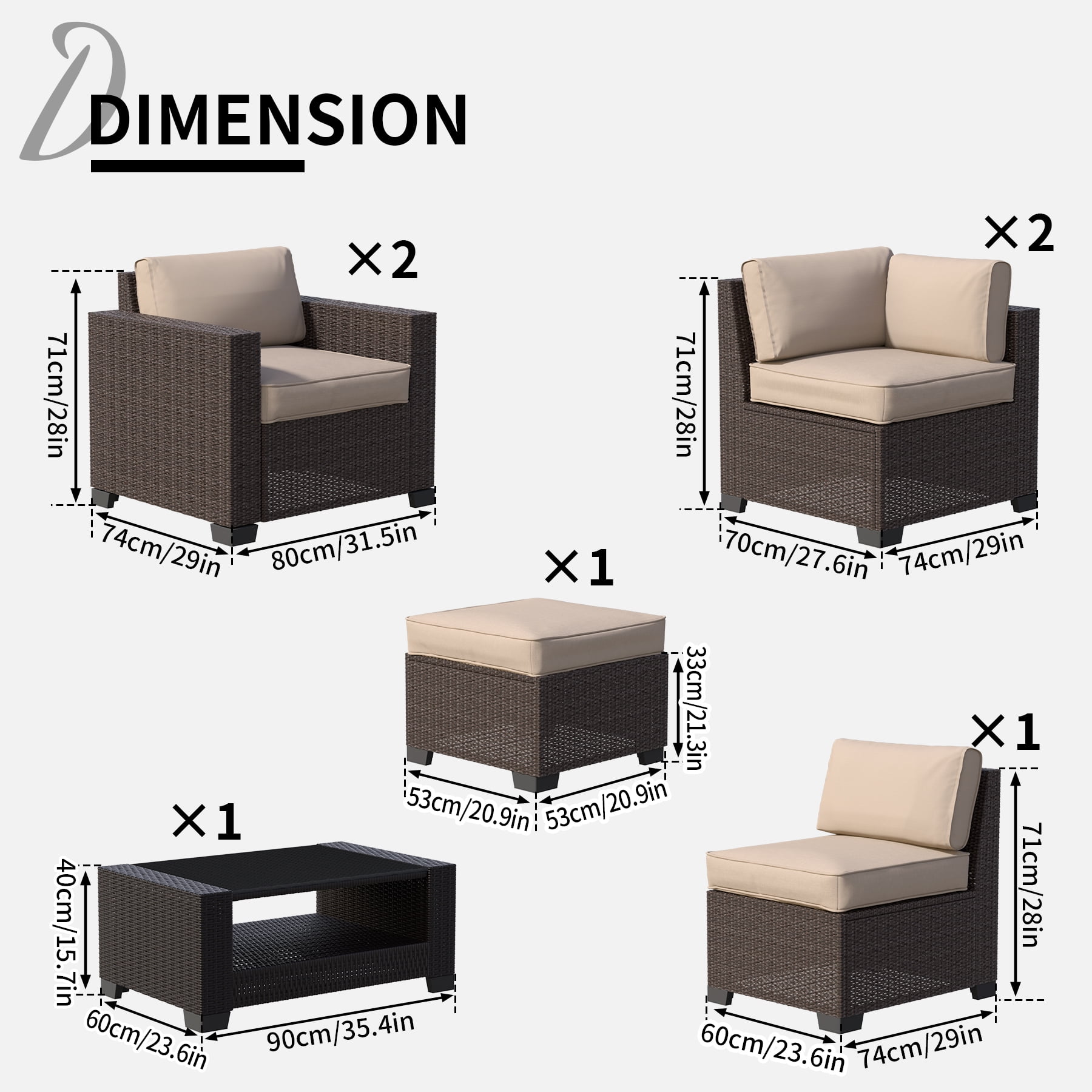 7-Piece Outdoor Sectional Patio Furniture Set, All-Weather Wicker Rattan Sofa with Thick Washable Cushions & Tempered Glass Table, Perfect for Garden, Poolside, Backyard (Beige)