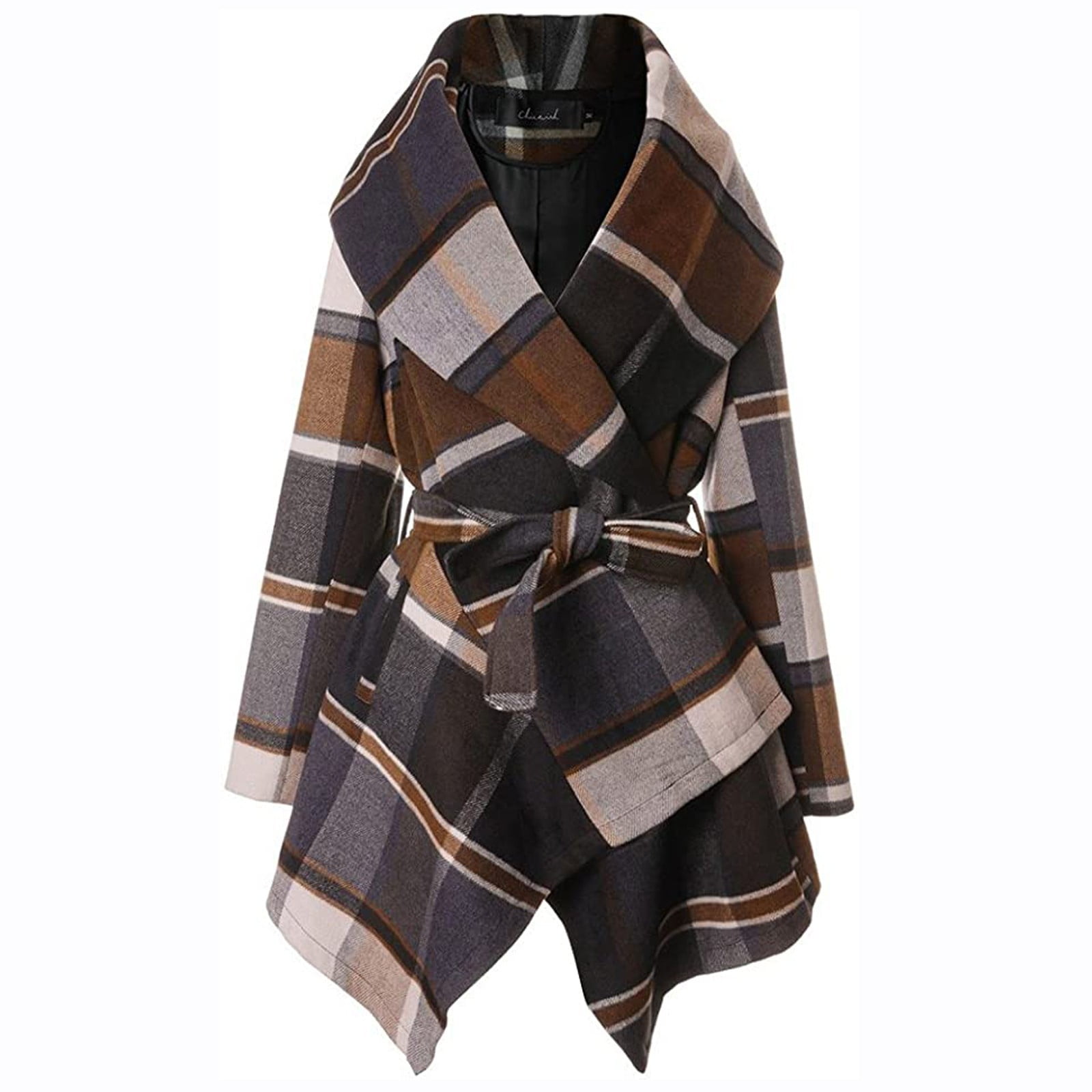 6865 Women Short Coat Dress Turn Down Collar Coat Long Sleeve Belted Asymmetric Hem wrap Coat