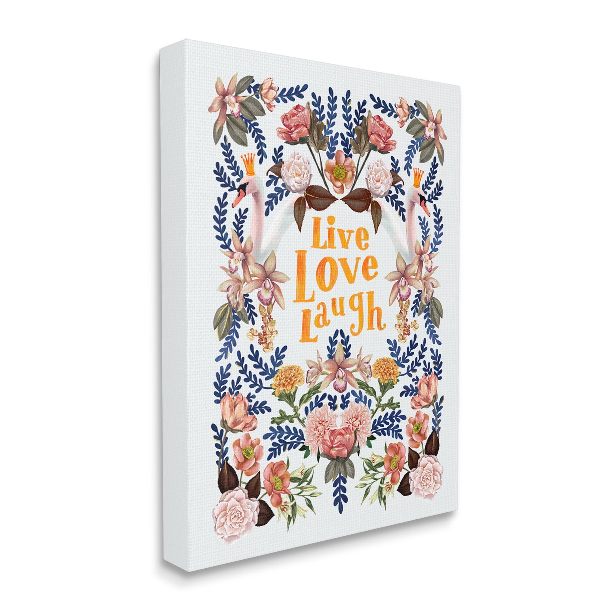 Stupell Industries Live Love Laugh Floral Crowned Swans Botanical Trim Graphic Art Gallery Wrapped Canvas Print Wall Art, Design by Raquel Maciel