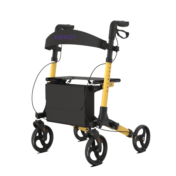 Kekoy Foldable Rollator Walkers for Seniors with Seat, 350 lb Capacity, with 8'' Big Wheels, Rolling Walker (Yellow)