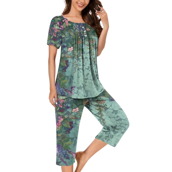 Juslio Women Pajamas with Pockets Fashion Print Crewneck Tops and Capris Homewear 2 Piece Matching Pajamas Sets L