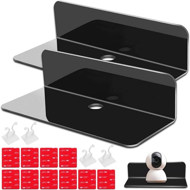 Juego de 2 estantes de pared negros – Estante de pared flotante de acrílico, estantes de pared sin taladro con 4 clips para cables, estantes de pared de almacenamiento de acrílico para sala de estar,