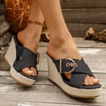 thumbnail image 3 of Rokment Womens Espadrilles Platform Wedge Sandals Trendy Casual Denim Leopard Buckles Open Toe Chunky High Heels Slip on Summer Dress Slides 2026 Black Size 6.5, 3 of 5