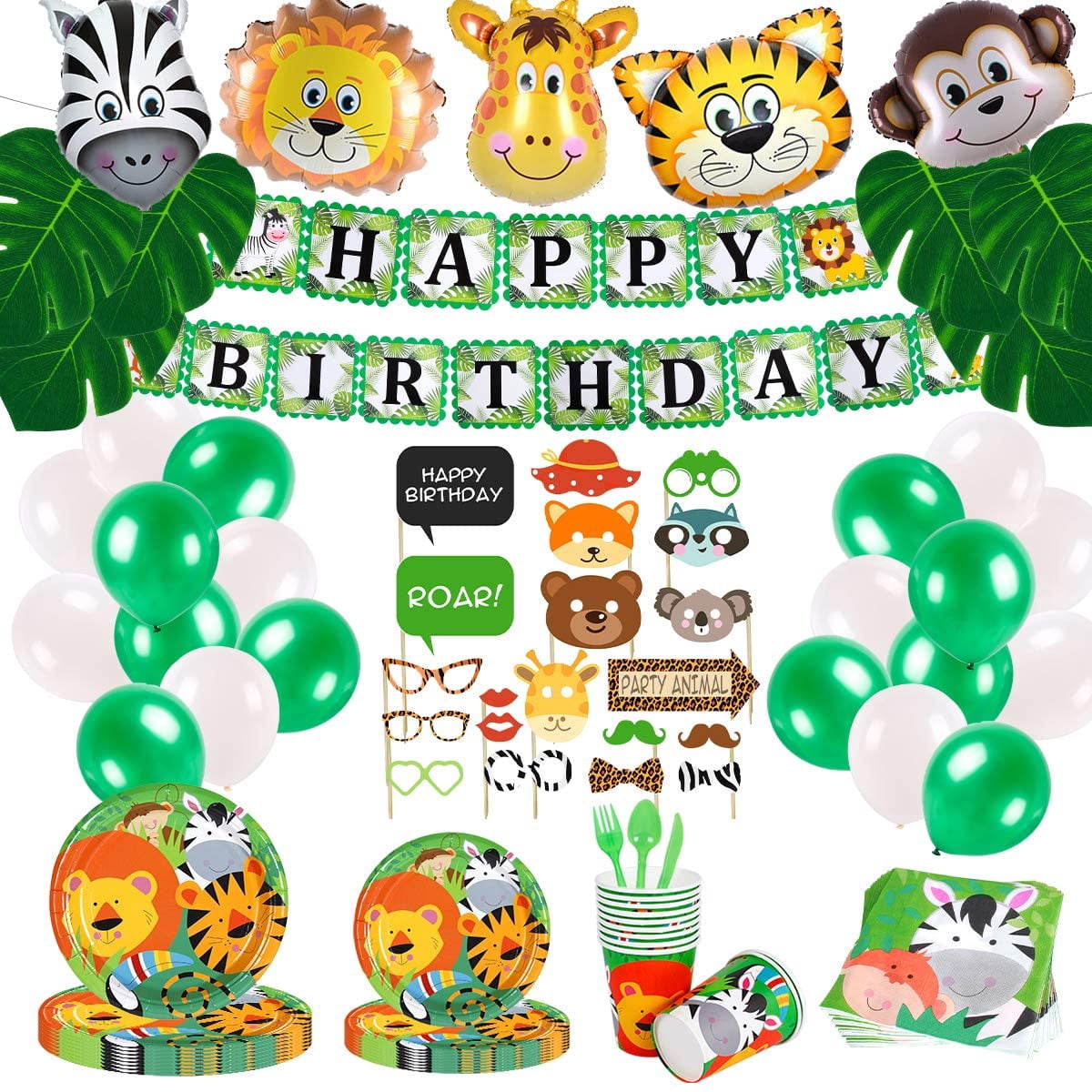 Jungle Theme Party Supplies Tableware Set 192 Pieces Serves Guests Complete Safari Tropical Birthday Decoration Set With Plates Spoons Forks Napkins Animal Shaped Foil Balloons White Walmart Com