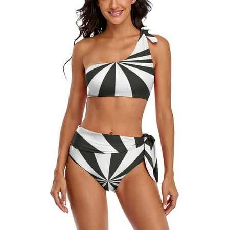 Aesthetic Grey Olive And White Sunburst One Shoulder Bowknot Swimsuit Two Piece Swimsuit Knot Crop Top Bikini High Waisted Bathing Suit