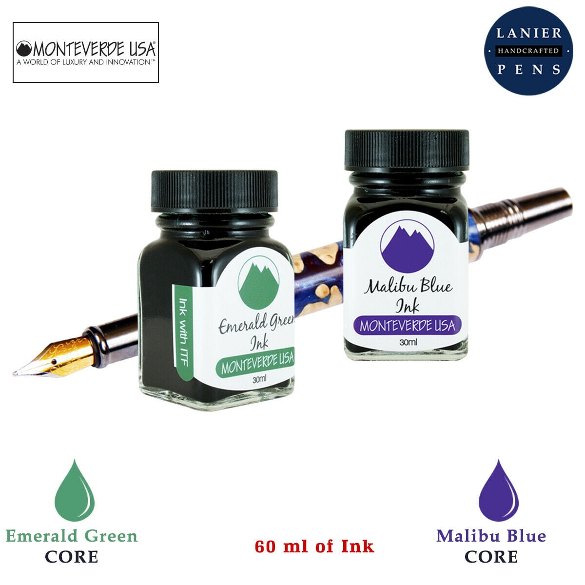 Monteverde 60ml Core Fountain Pen Ink Bottle (30ml Emerald Green Ink Bottle G309EG, 30ml Malibu Blue Ink Bottle G309MU)