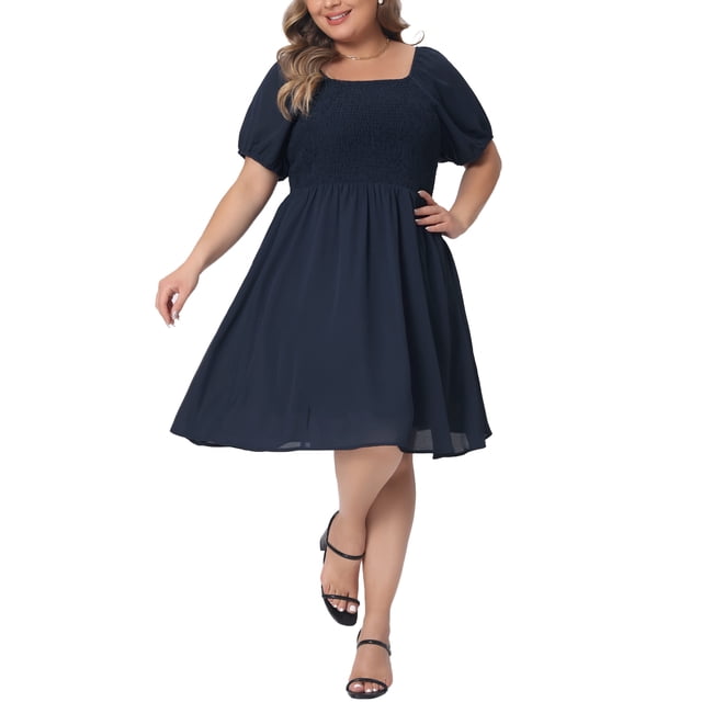 Vestido de talla grande GRACE & GRANDEUR para mujeres, con escote cuadrado, mangas cortas, vestido maxi elástico, azul marino 4X