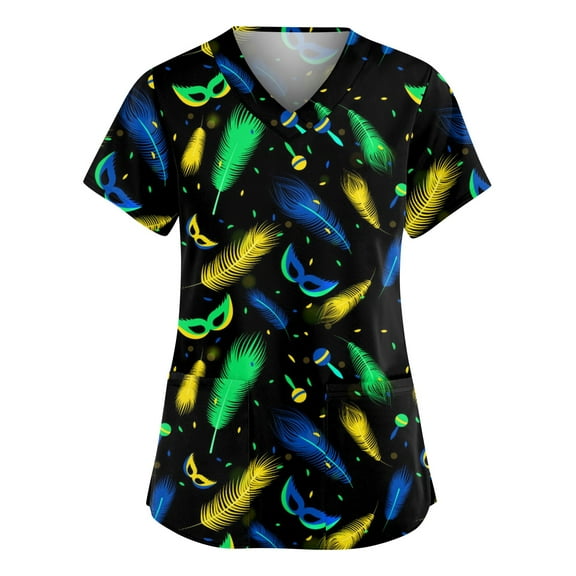 Garbnen Women Scrub Tops Mardi Gras Stretch V Neck Short Sleeve Workwear Nursing Uniforms for Women with Pocket Carnival Fat Tuesday Fall shirts for Women S-5xl