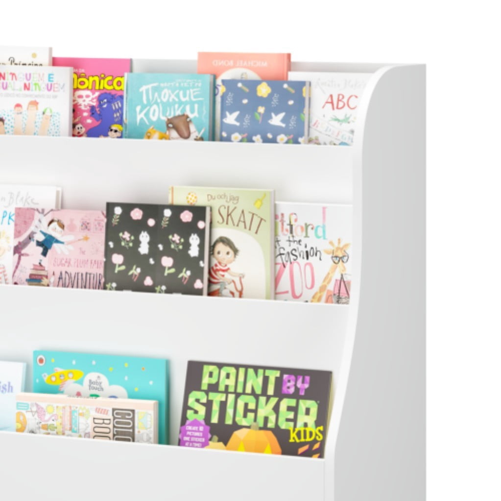 Kids Bookshelf with 3 Fabric Storage Bins, 3-Tier Front-Facing Book Display Organizer with Pine Legs, Wooden Book Rack for Toddlers, Nursery, Playroom & Bedroom, White