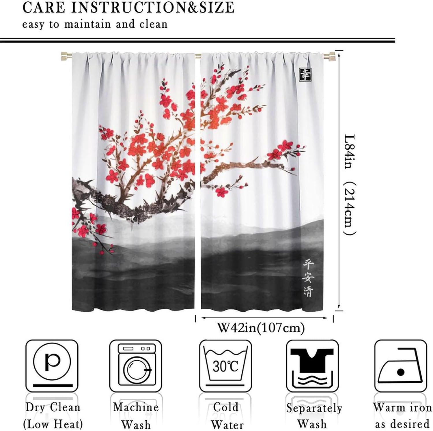 Japanese Asian Curtains Red Cherry Blossom Tree Traditional Ink Style Plant Mountain River Printed Curtain for Kitchen Bedroom Living Room Blackout Privacy Noise Reduction Curtain 84x84 Inch 2 Panels