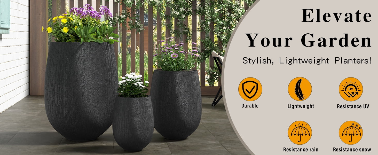 Mintazer Modern Planter Set of 3, 15.6"/10.8"/7.3" Stackable Flower Pots with Drainage Holes, Stone-Look Textured Decorative Plant Pots for Indoor & Outdoor, Black