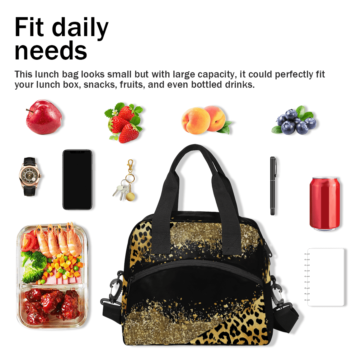 Herdesigns Brown Leopard Cheetah Insulated Lunch Bag for Women Men Adults Large Reusable Lunch Box Leakproof Portable Cooler Tote Bags with Adjustable Shoulder Strap
