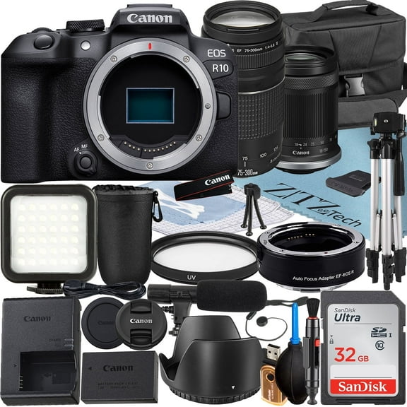 Canon EOS R10 Mirrorless Camera with RF-S 18-150mm   EF 75-300mm Lens   Mount Adapter   SanDisk 32GB Memory Card   Case   LED Flash   ZeeTech Accessory Bundle (International Version)