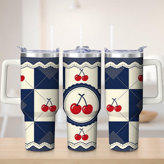 Cherry Patchwork Stainless Steel Tumbler with Lid and Handle, for mom, 30oz