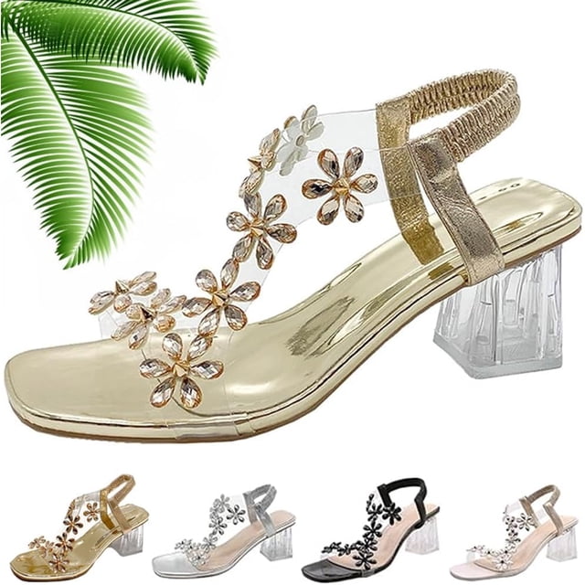 Sandalias de tacón de bloque de cristal floral transparente para mujer, tacones de punta cuadrada, sandalias elegantes sexys con correa de tobillo elástica a la moda