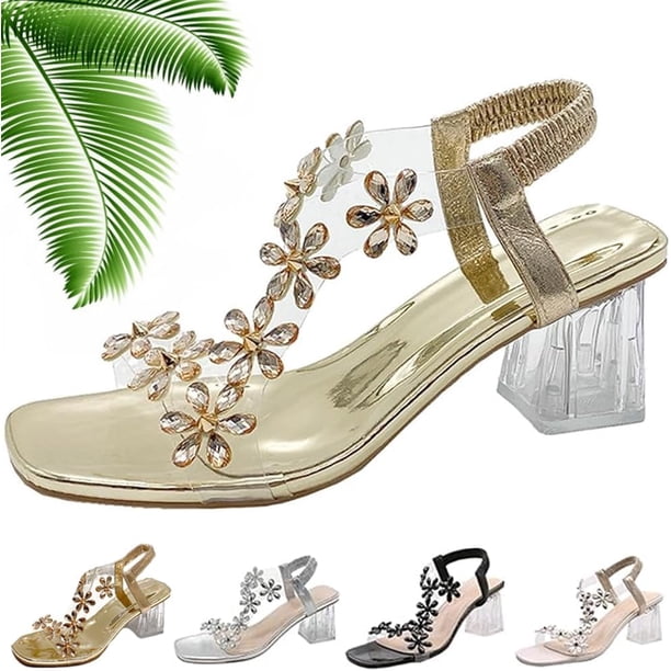 Sandalias de tacón de bloque de cristal floral transparente para mujer, tacones de punta cuadrada, sandalias elegantes sexys con correa de tobillo elástica a la moda