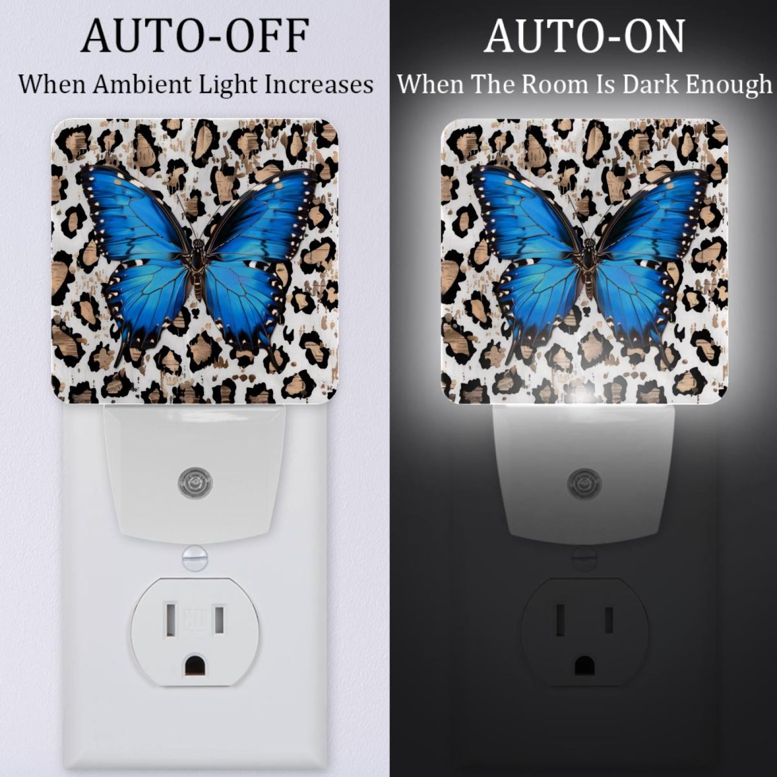 PhooArto Blue Butterfly and Leopard Print Plug in LED Night Light Auto Sensor Dusk to Dawn Decorative Night for Bedroom, Bathroom, Kitchen, Hallway, Stairs, Baby's Room, Energy Saving